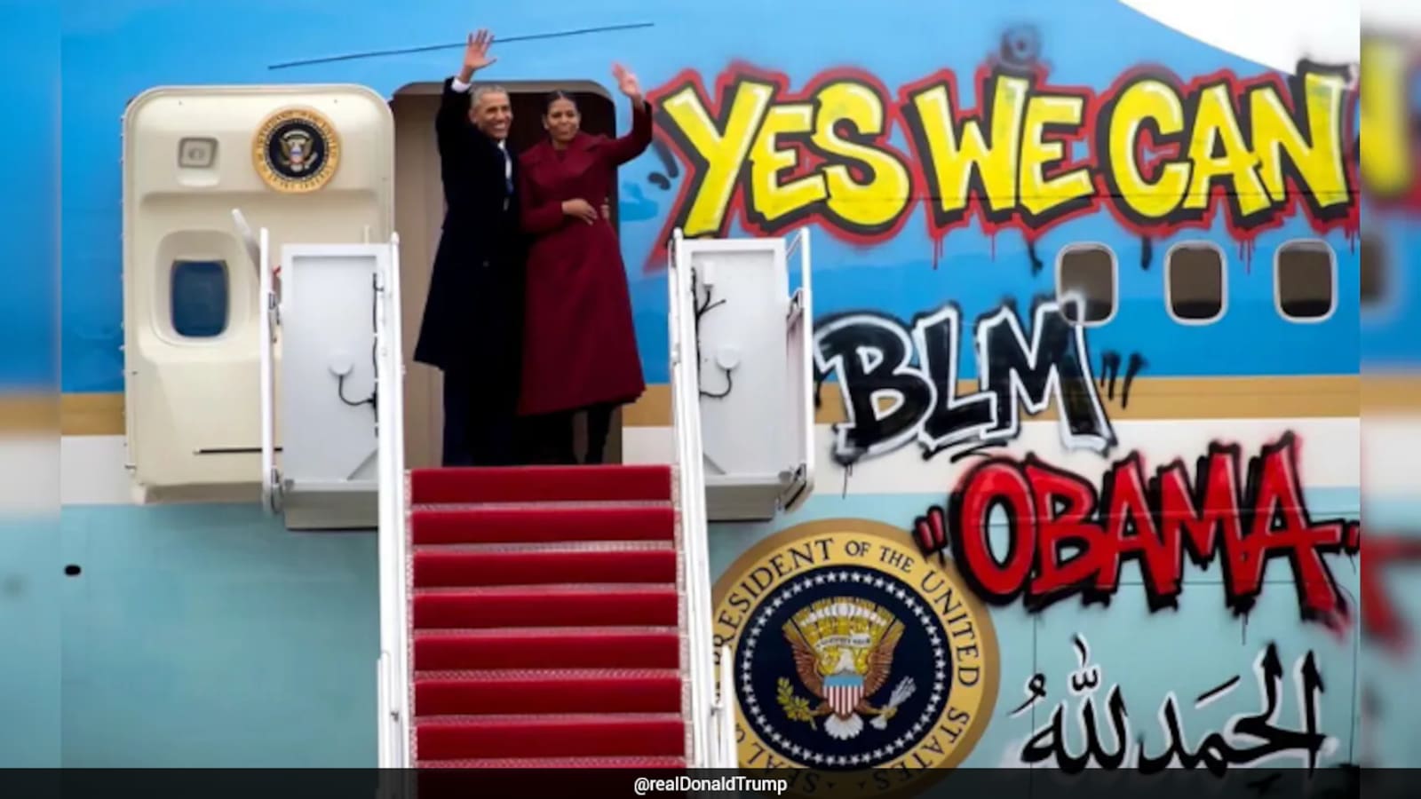 President Donald Trump Shares Fake Brack Obama, Michelle Obama’s Image Featuring Arabic, ‘Black Lives Matter’ Graffiti on Air Force One