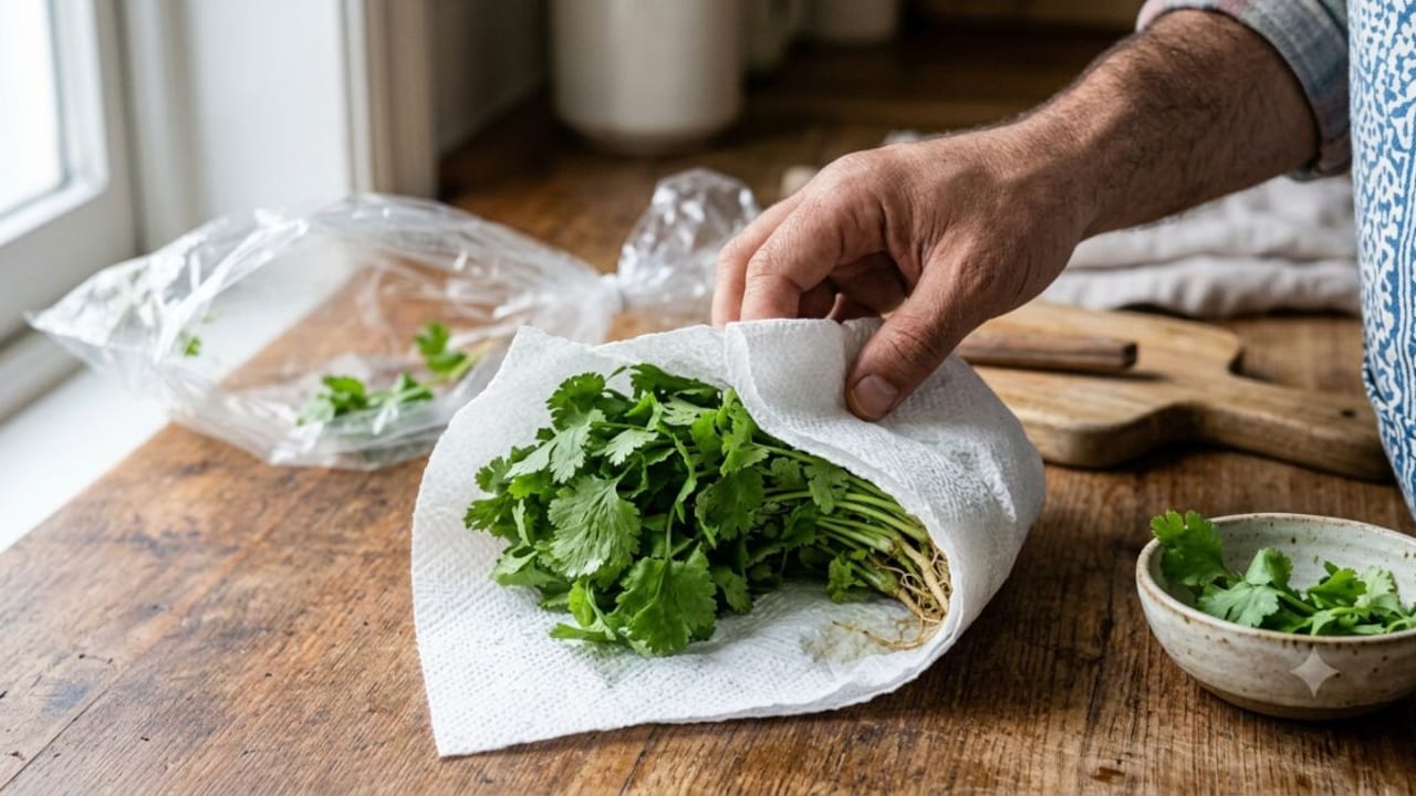 Wrap it in a paper towel for a long lasting corriander Wrap it in a paper towel for a long lasting corriander