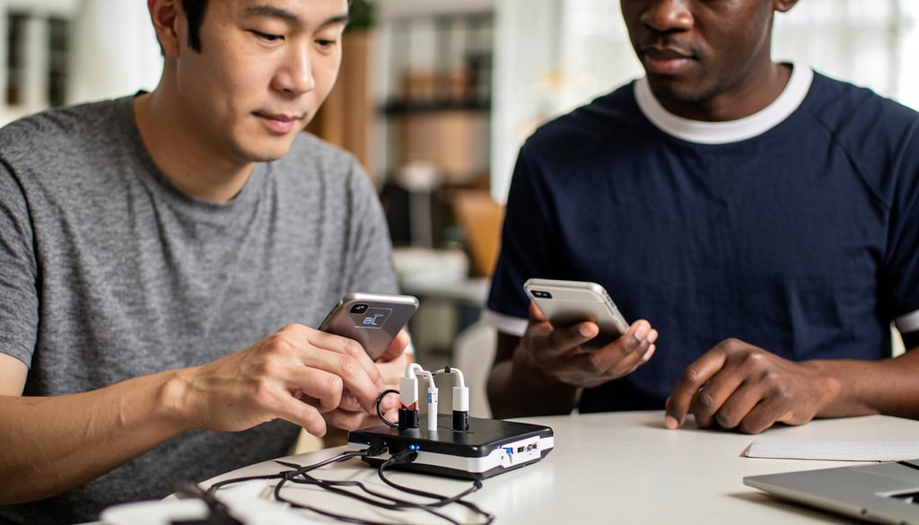 Five versatile multi-port chargers neatly lined up to power phones and earbuds simultaneously.