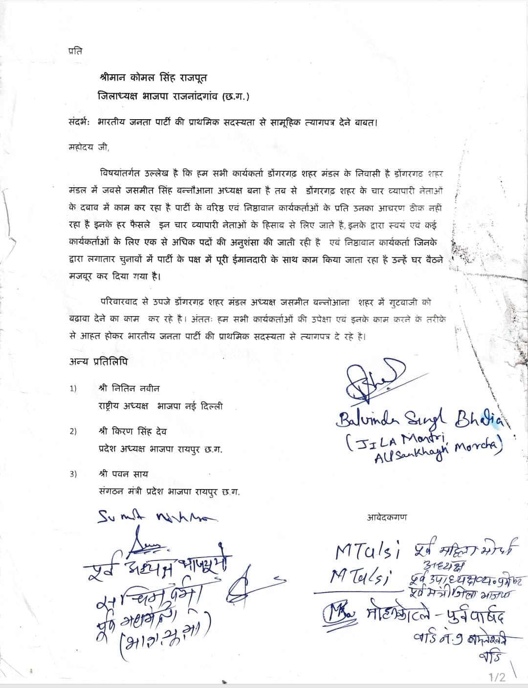 rajnandgaon bjp 136 karyakarta istifa kyun diya.