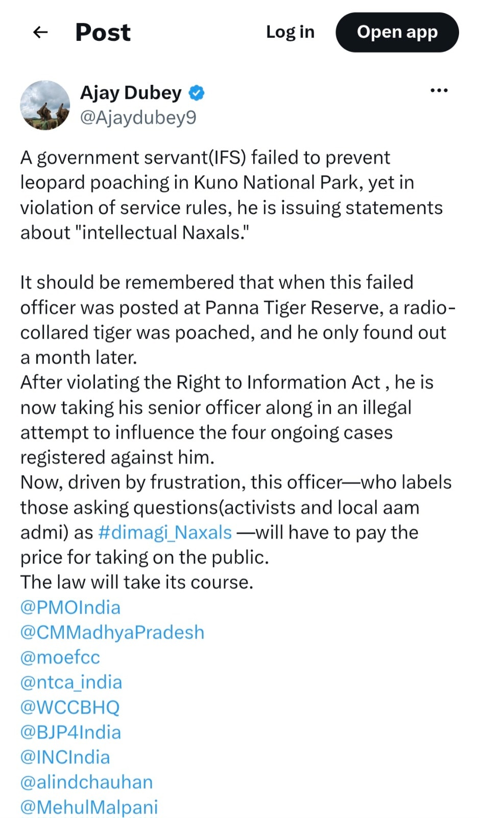 Kuno National Park director uttam sharma dimagi naxal controversy Wildlife Activist. Kuno National Park director uttam sharma dimagi naxal controversy Wildlife Activist.