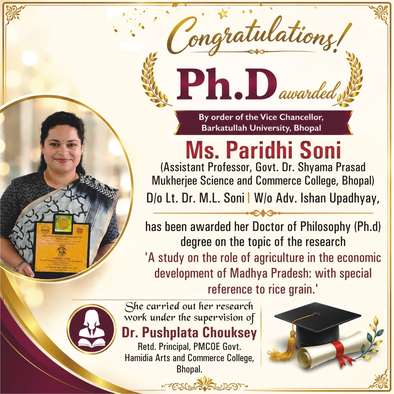 success story mppsc bhopal paridhi soni phd degree fulfilled late father dream 