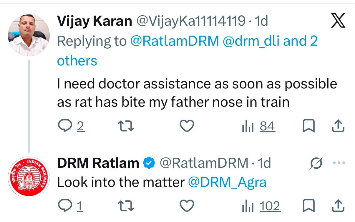 indore una express first ac coach rat bites elderly passenger.