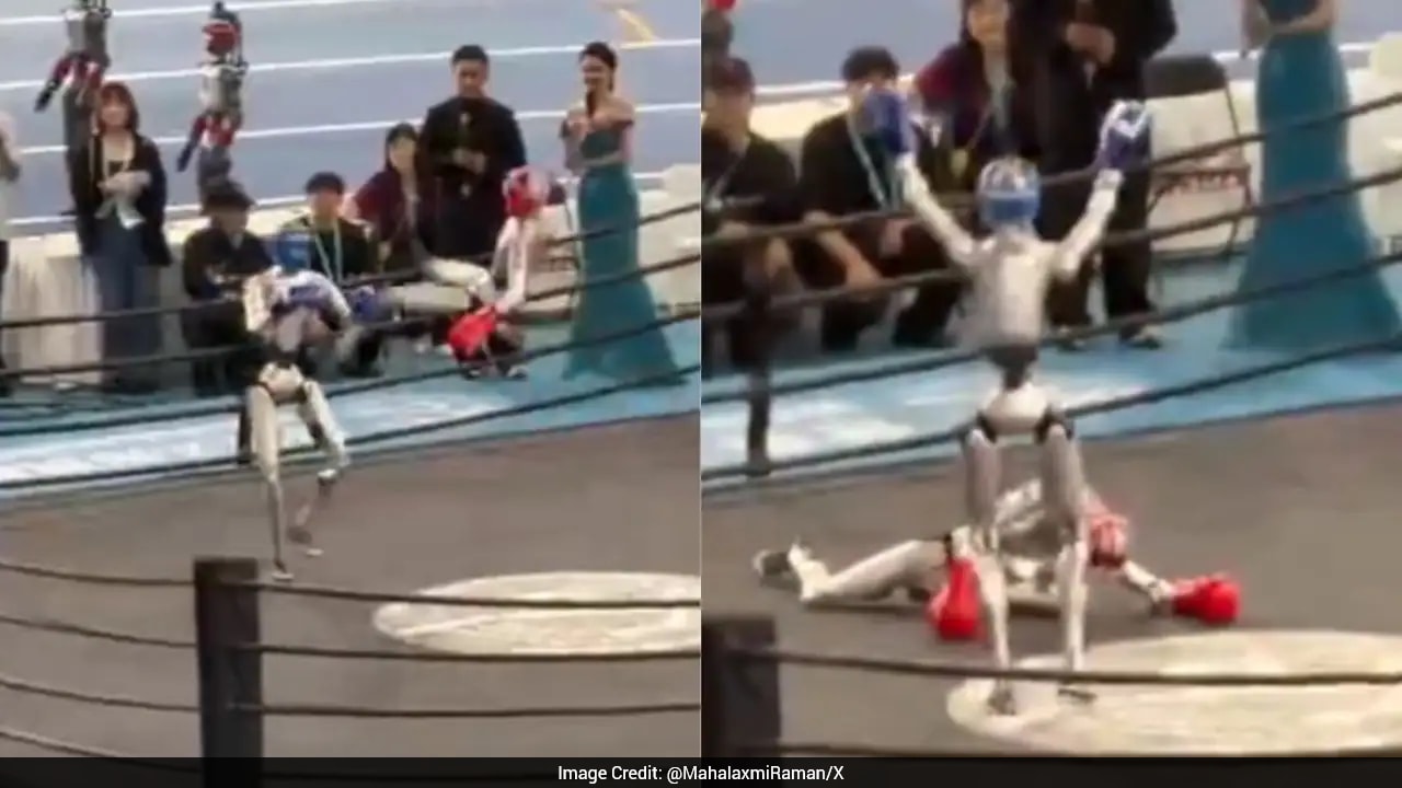 Robot Misses Spinning Head Kick, Rival Celebrates With Dance At World Humanoid Robot Games In China