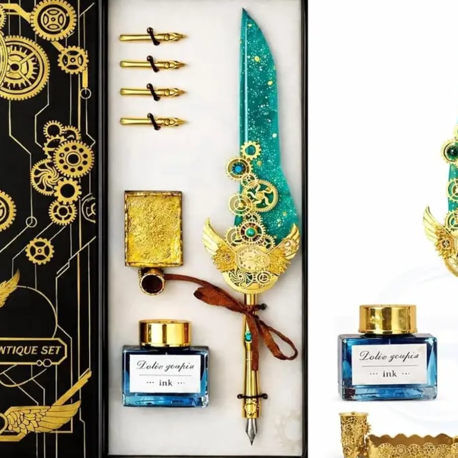 Click here to buy: NEXT ANGLE STOREMART Antique Feather Quill Pen Set With Ink & Nibs Click here to buy: NEXT ANGLE STOREMART Antique Feather Quill Pen Set With Ink & Nibs