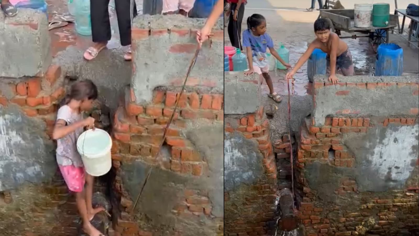 कुछ ऐसे नाले में उतरकर पानी भरते हैं बच्चे
