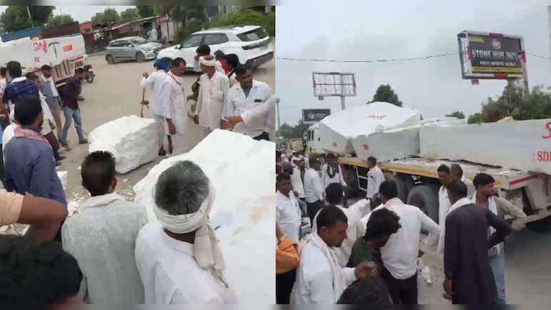 चलते ट्रेलर से सड़क पर गिरा कई टन वजनी मार्बल ब्लॉक, चंद सेकेंड में टला बड़ा हादसा