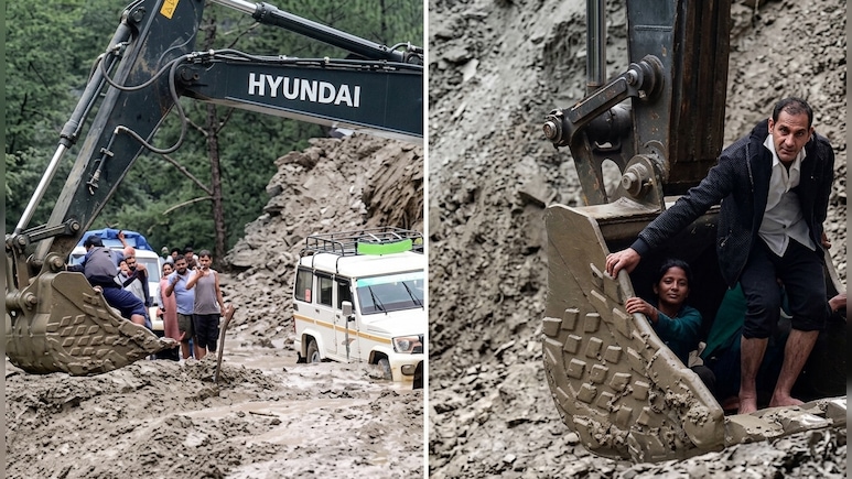 Video: Villagers Risk Lives, Use Excavator Bucket To Cross Landslide-Hit Road In Uttarakhand