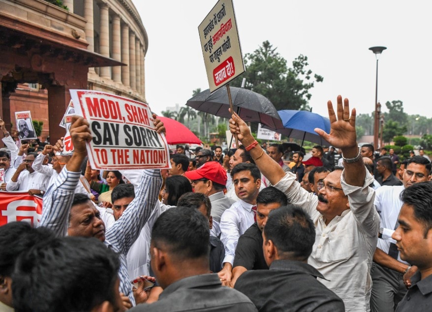 Opposition MPs and NDA leaders stage protests at Makar Dwar of Parliament Opposition MPs and NDA leaders stage protests at Makar Dwar of Parliament