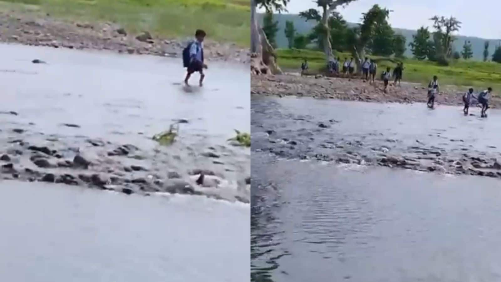 नदी को पार कर रहे बच्चे. नदी को पार कर रहे बच्चे.