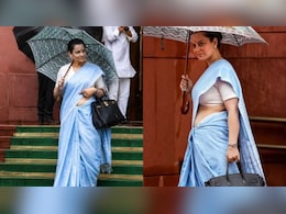 Kangana Ranaut Keeps It Simple In A Blue Saree, Lets Her Rs 35 Lakh Birkin Do The Talking