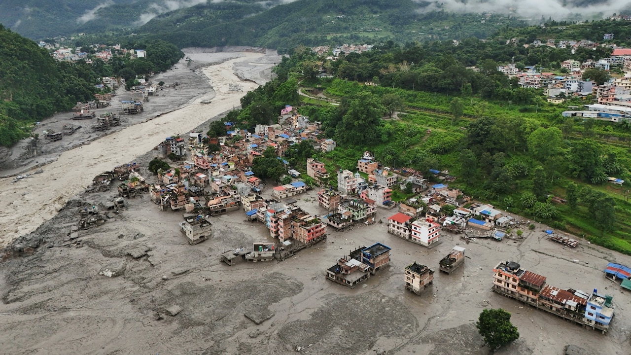 A drone view shows mud covering properties following a flash flood in Trishuli, Nuwakot district, Nepal A drone view shows mud covering properties following a flash flood in Trishuli, Nuwakot district, Nepal