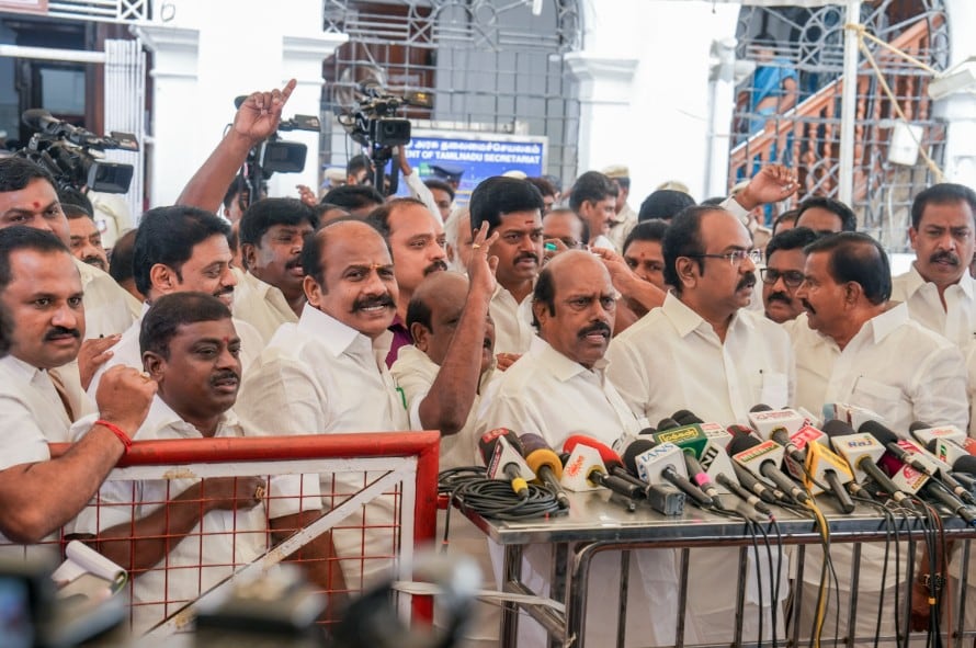 DMK MLAs address the media after staging a walkout during an ongoing Tamil Nadu Legislative Assembly session DMK MLAs address the media after staging a walkout during an ongoing Tamil Nadu Legislative Assembly session