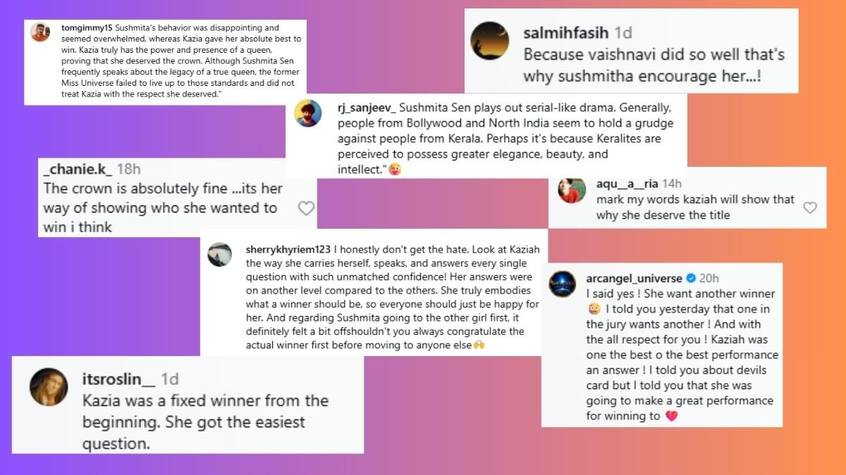 Internet thinks that Sushmita Sen ignored Kaziah Liz Mejo and Miss Universe India 2026 competition was rigged. Photo: Instagram Internet thinks that Sushmita Sen ignored Kaziah Liz Mejo and Miss Universe India 2026 competition was rigged. Photo: Instagram