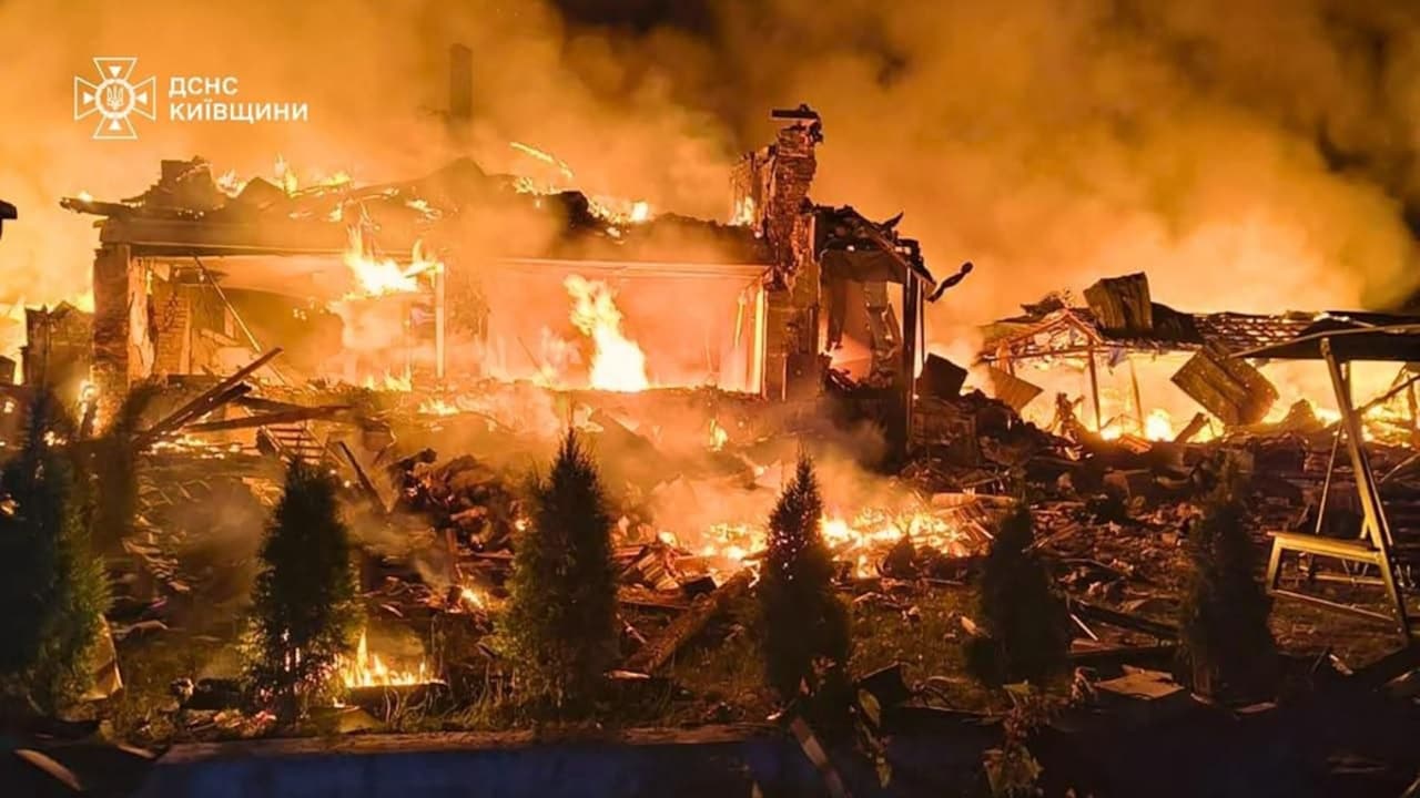 This handout photograph taken and released by Ukrainian State Emergency Service on August 8, 2026 shows a burning building following Russian ballistic missile strikes in Kyiv region. This handout photograph taken and released by Ukrainian State Emergency Service on August 8, 2026 shows a burning building following Russian ballistic missile strikes in Kyiv region.