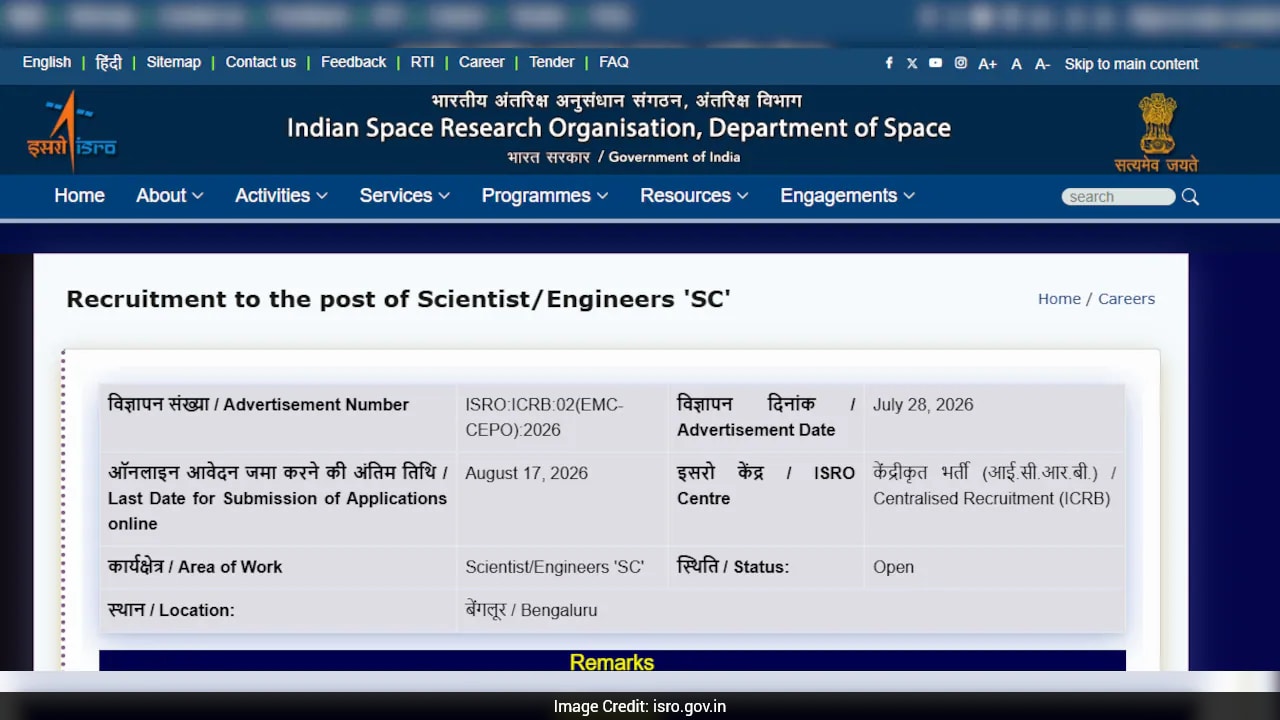 ISRO Recruitment 2026: 92 Scientist/Engineer Posts, Apply by August 17