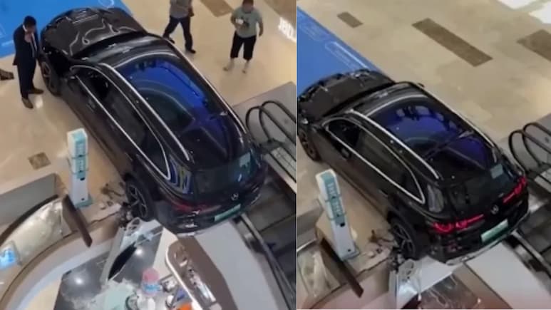 Watch: Mercedes-Benz Display Car Backed Into Mall's Escalator, Hangs Off First Floor