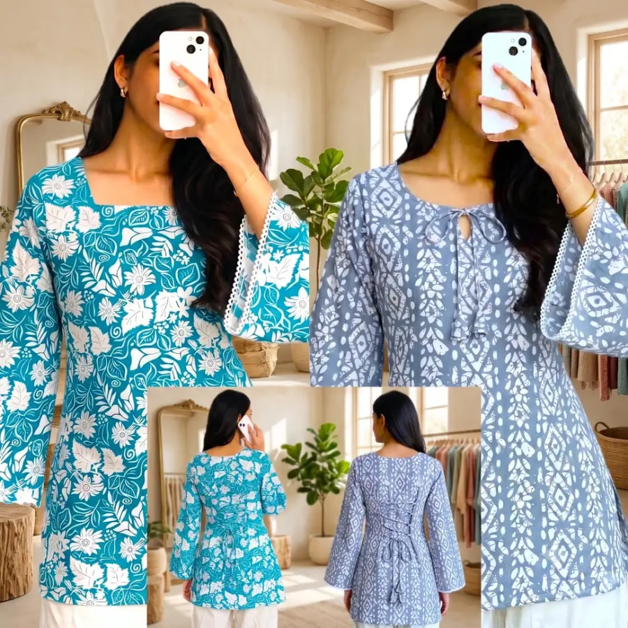 Click here to buy: AuzaNoor Collection Women Floral Print Kurta (Blue, Grey)