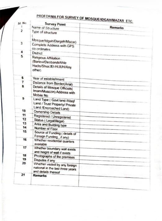 The unmarked survey form sent to mosques, madrasas across Bengal The unmarked survey form sent to mosques, madrasas across Bengal