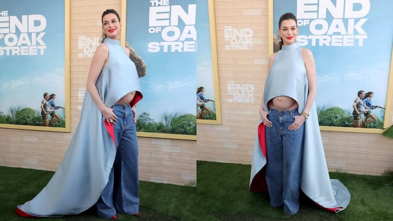 Anne Hathaway Flaunts Baby Bump In Silk Prabal Gurung Top And Jeans At <i>The End Of Oak Street</i> Premiere