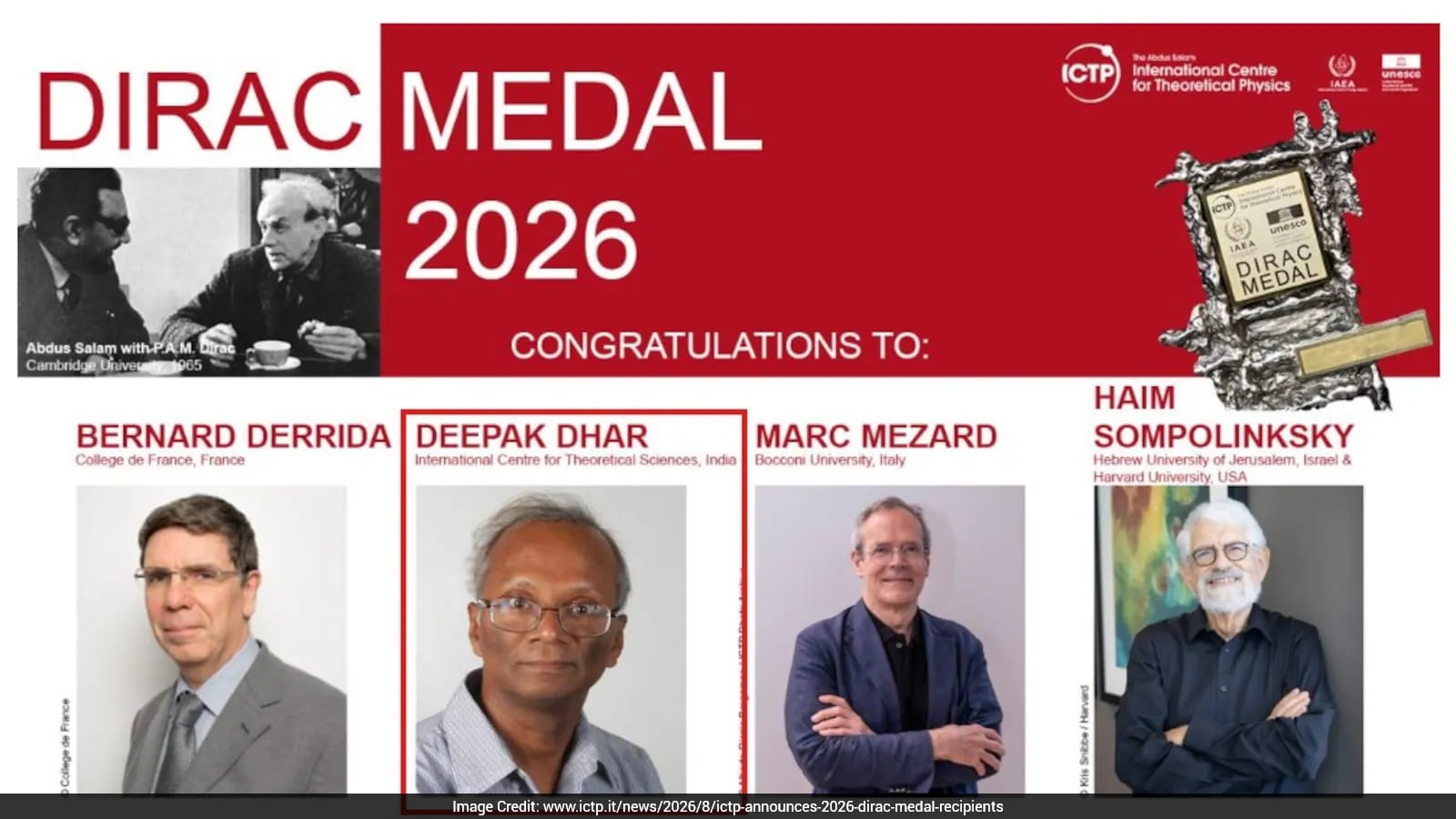 Professor Deepak Dhar Awarded 2026 Dirac Medal for Contributions to Statistical Mechanics