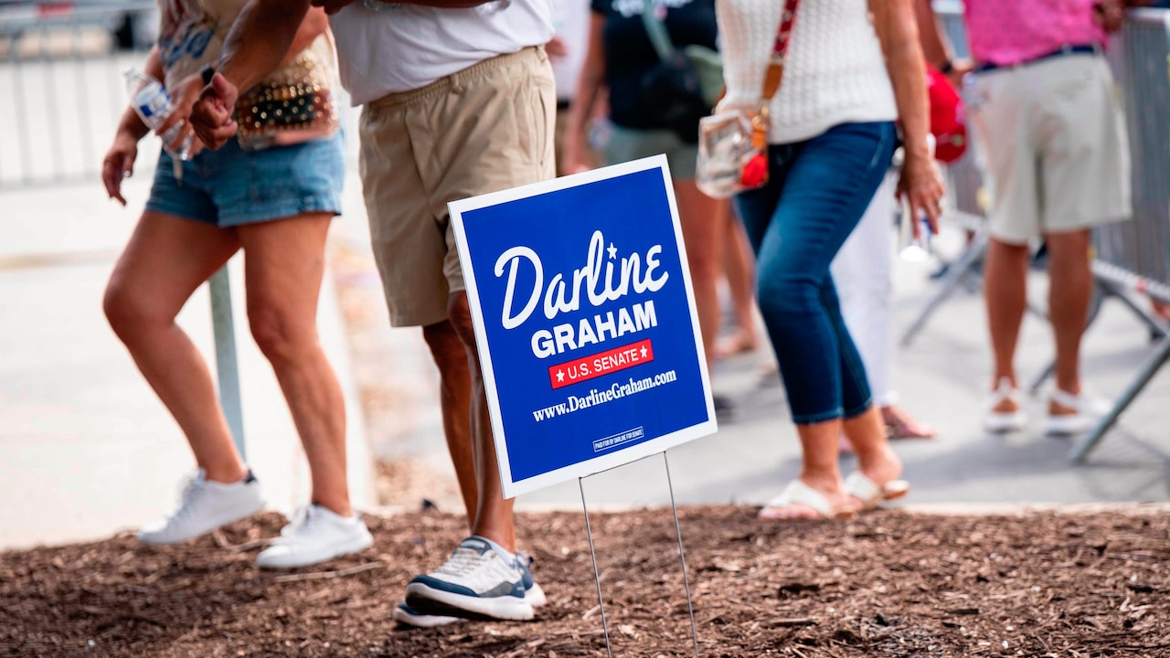 Campaign signage at a campaign event for Senator Darline Graham Nordone in Myrtle Beach, South Carolina, on Aug. 21. Campaign signage at a campaign event for Senator Darline Graham Nordone in Myrtle Beach, South Carolina, on Aug. 21.
