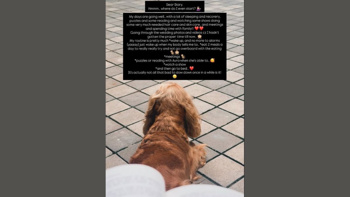 Rashmikas recovery routine is all about reading, resting, and meetings. Photo: Rashmika Mandanna/ Instagram Rashmikas recovery routine is all about reading, resting, and meetings. Photo: Rashmika Mandanna/ Instagram