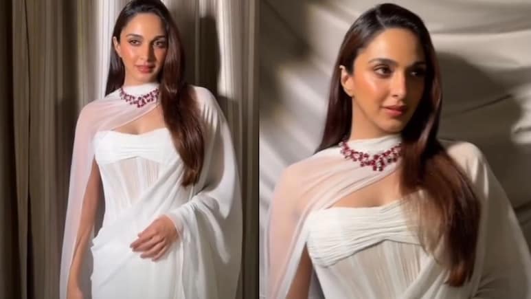 Kiara Advani Stuns In Manish Malhotra's White Chiffon Saree Paired With 78-Carat Ruby Necklace