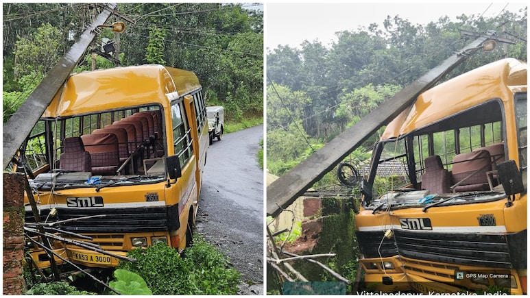 Lucky Escape For 15 Mangaluru School Children As Bus Crashes Into Electric Pole