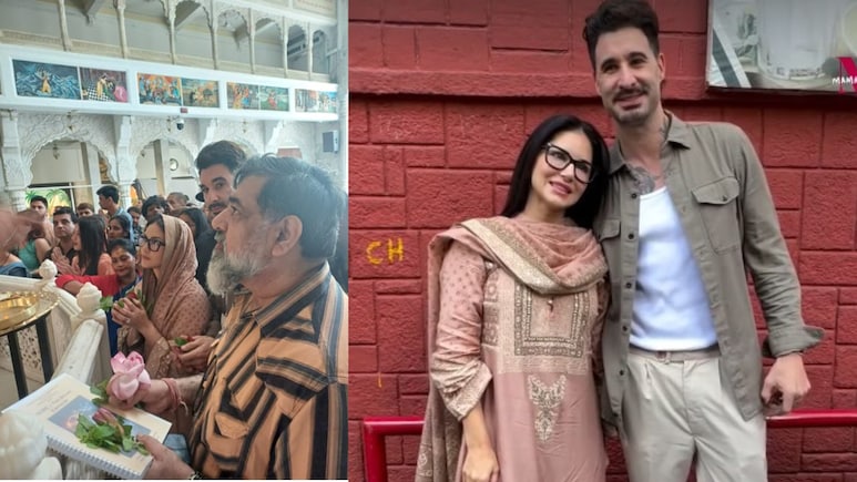 पिंक सूट और पैरों में पंजाबी जुत्ती, देसी लुक में भगवान कृष्ण के मंदिर पहुंचीं सनी लियोनी