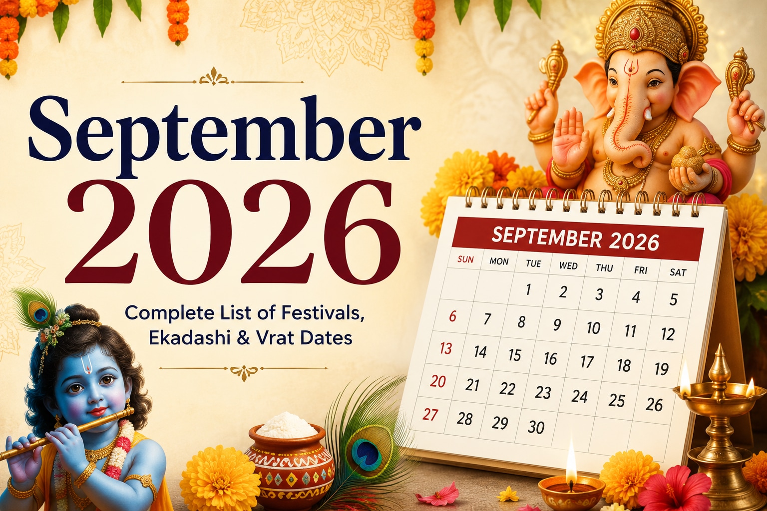 September 2026 Hindu calendar lists festivals, Ekadashi and vrat observances