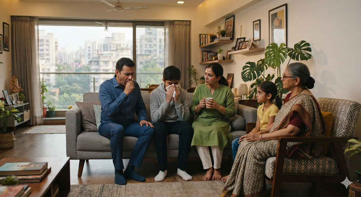 When an infected family member coughs, sneezes, or talks, they release infected respiratory droplets
