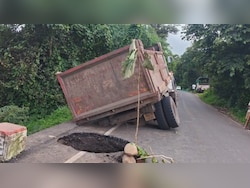 Road Built 3 Months Ago For Rs 18 Crore Caves In, Truck Gets Stuck