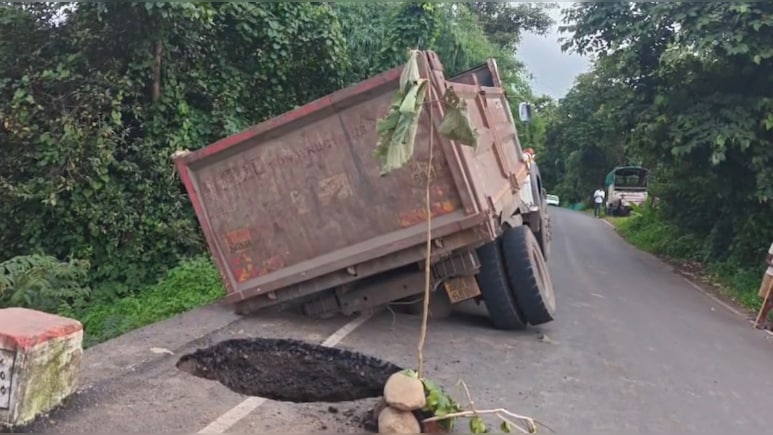 Road Built 3 Months Ago For Rs 18 Crore Caves In, Truck Gets Stuck