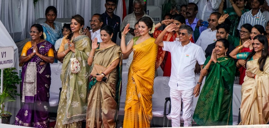 Actor Trisha Krishnan, in yellow, seen saluting Chief Minister Vijay during Independence Day celebrations at Fort St. George in Chennai