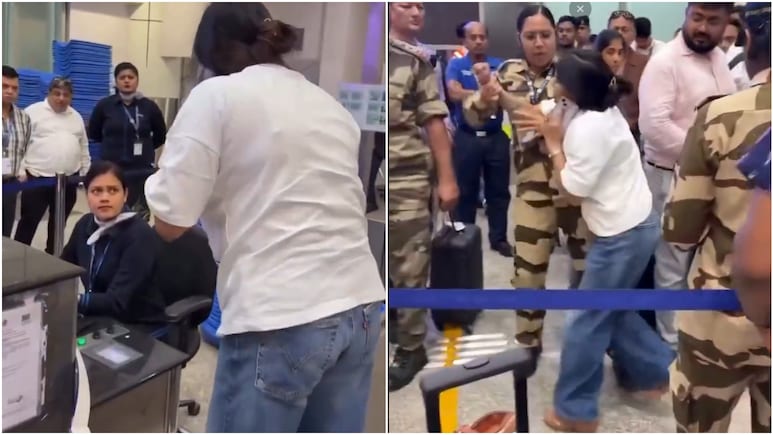 इंडिगो की फ्लाइट कैंसिल हुई तो महिला ने कन्वेयर बेल्ट पर चढ़कर किया हंगामा, बोलीं- 'बच्चे की तबीयत खराब है'