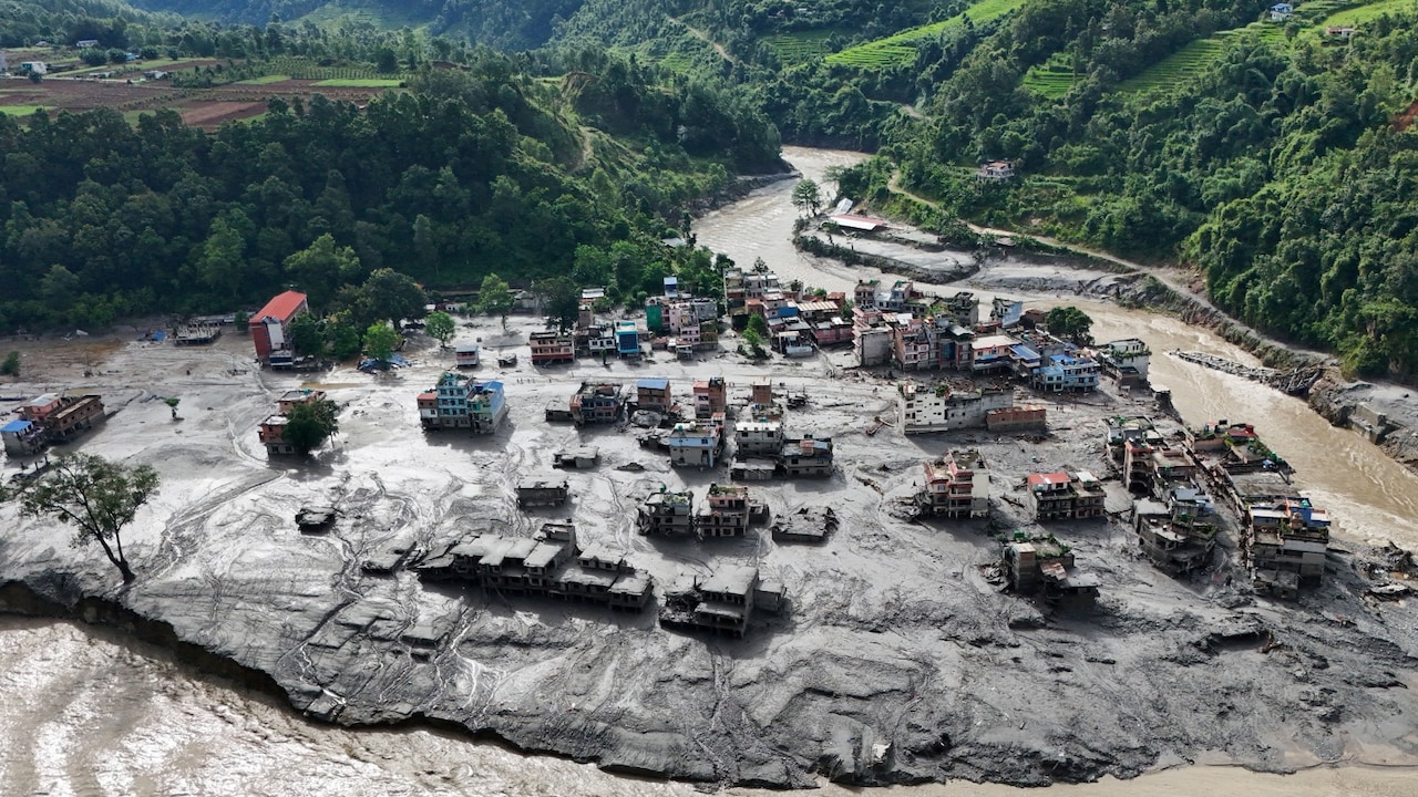 A drone view shows mud covering buildings and property following floods at Trishuli in Nuwakot district, Nepal A drone view shows mud covering buildings and property following floods at Trishuli in Nuwakot district, Nepal