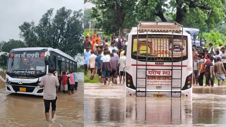 उफनती बीहर नदी के रपटे पर फंसी यात्री बस, पुलिस-ग्रामीणों के रोकने पर भी नहीं माना ड्राइवर, अब खुद फंसा&nbsp;