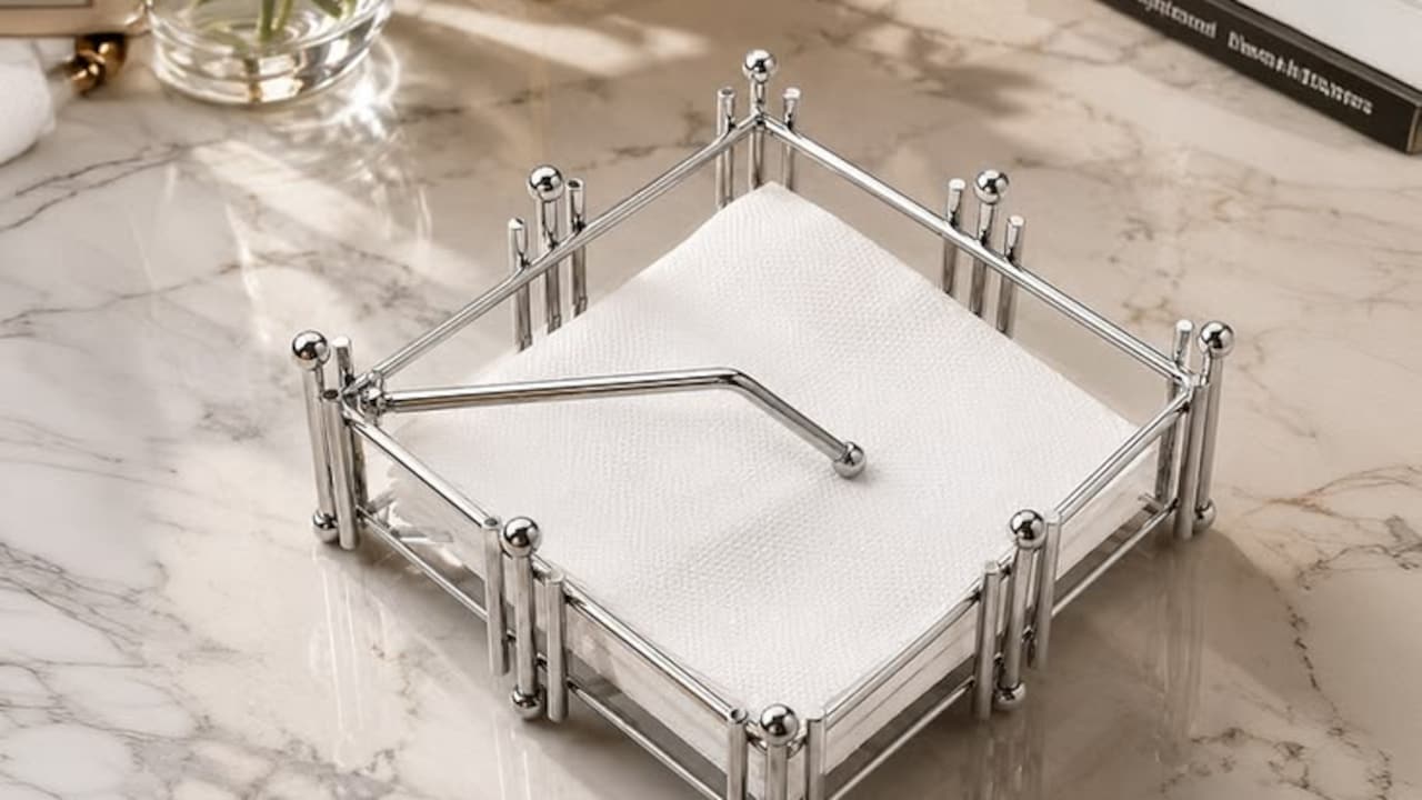 A neat tissue paper holder keeps napkins close and the dining table tidy