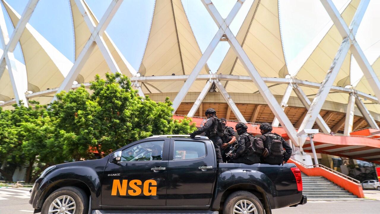 National Security Guard (NSG) personnel during a mock drill at Jawaharlal Nehru Stadium ahead of the upcoming BRICS Summit 2026. National Security Guard (NSG) personnel during a mock drill at Jawaharlal Nehru Stadium ahead of the upcoming BRICS Summit 2026.