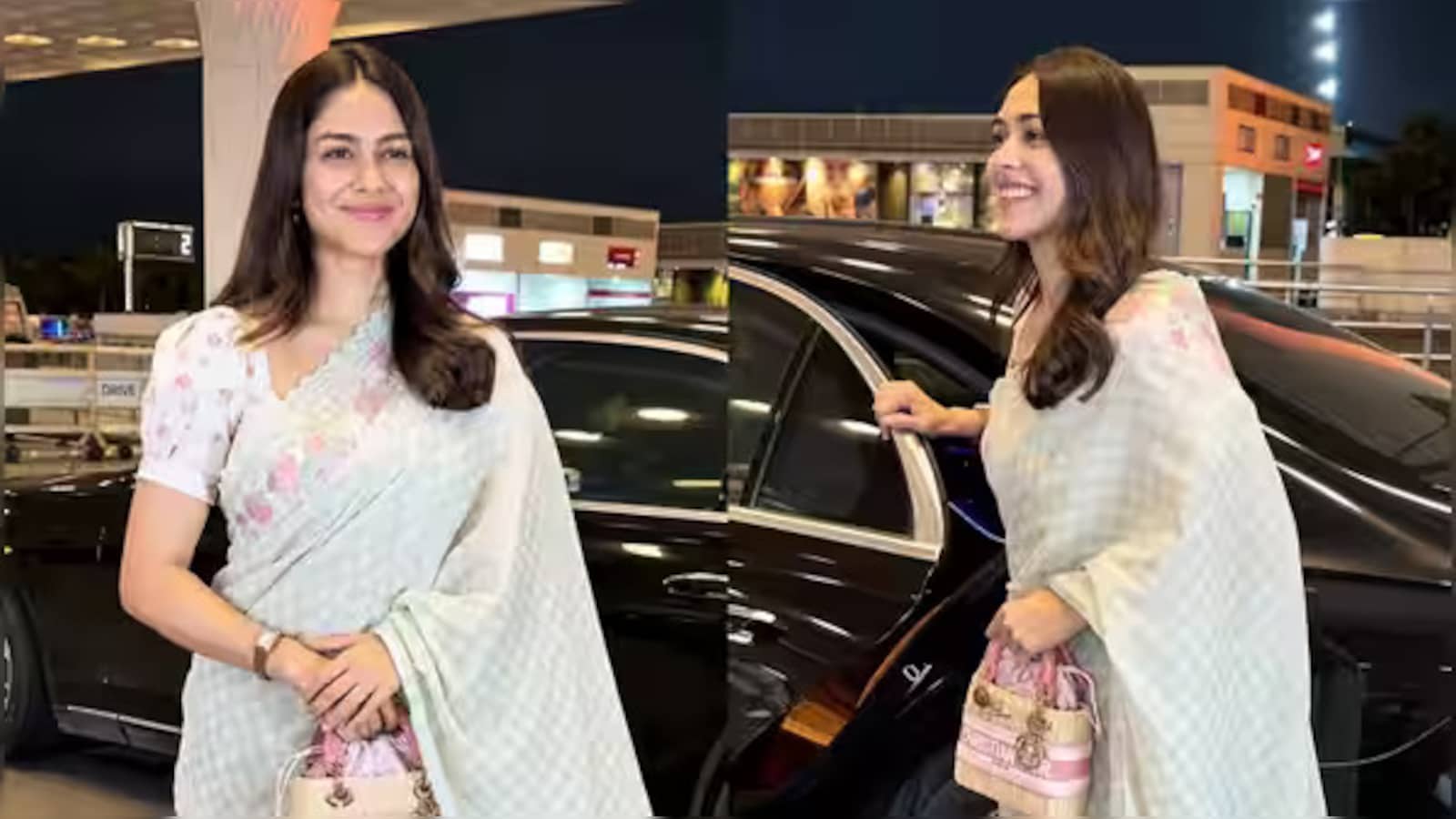 Mrunal Thakur Wears Pastel Lucy Saree and Dior Lady Dior Bag at Airport