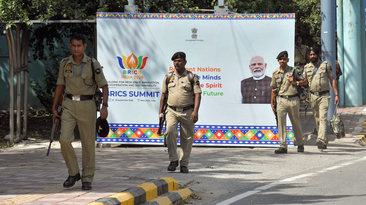 Delhi police personnel deploy ahead of the BRICS Summit 2026 near Bharat Mandapam. Delhi police personnel deploy ahead of the BRICS Summit 2026 near Bharat Mandapam.