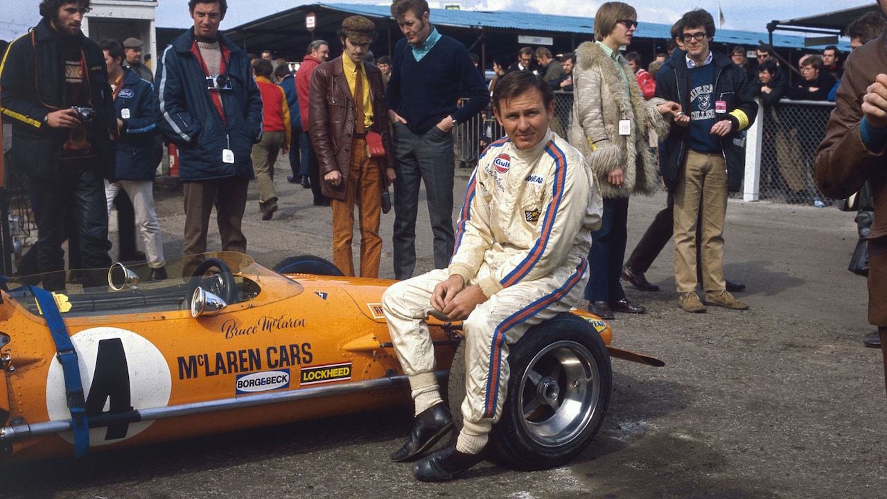 Bruce McLaren March 1970 McLaren Ford M14A before the start of the Race of Champions at Brands Hatch in Kent Bruce McLaren March 1970 McLaren Ford M14A before the start of the Race of Champions at Brands Hatch in Kent