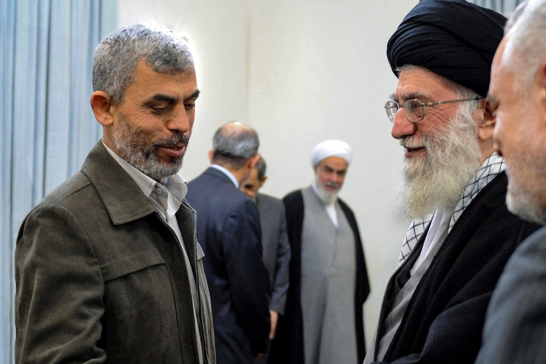 Irans Former Supreme Leader Ayatollah Ali Khamenei greeting former Hamas leader Yahya Sinwar in Tehran Irans Former Supreme Leader Ayatollah Ali Khamenei greeting former Hamas leader Yahya Sinwar in Tehran