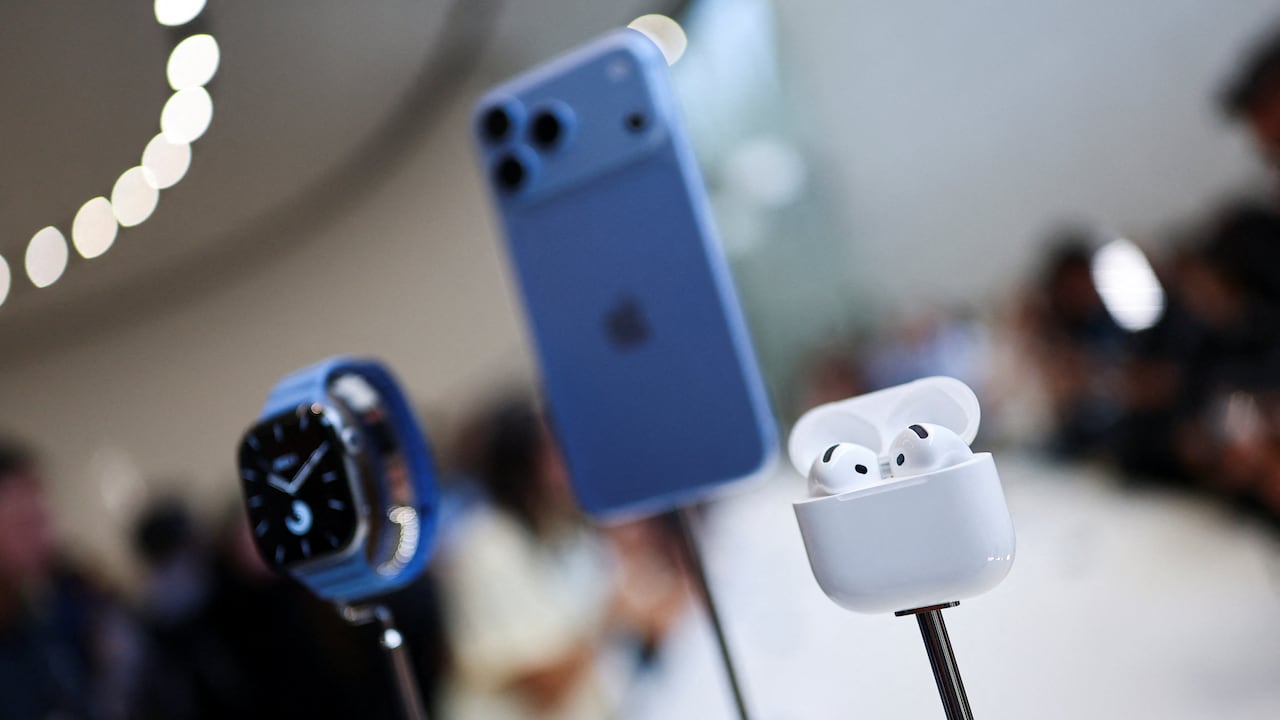 Apple Watch, iPhone 18 Pro and AirPods on display during Apples event. Apple Watch, iPhone 18 Pro and AirPods on display during Apples event.