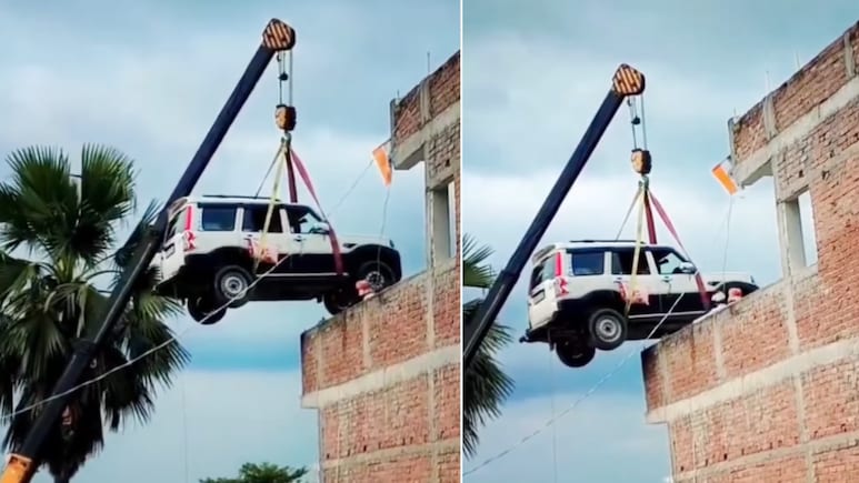 Fearing Theft, Mahindra Scorpio Owner Uses Crane To Park SUV On Rooftop: Video