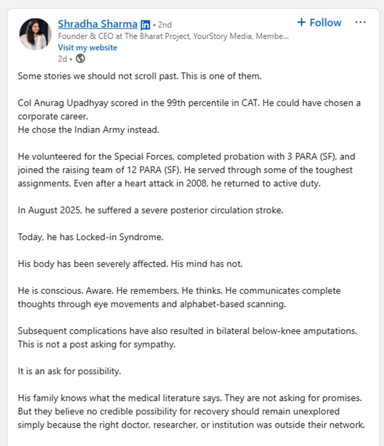 colonel anurag upadhyay para commando locked in syndrome treatment help colonel anurag upadhyay para commando locked in syndrome treatment help