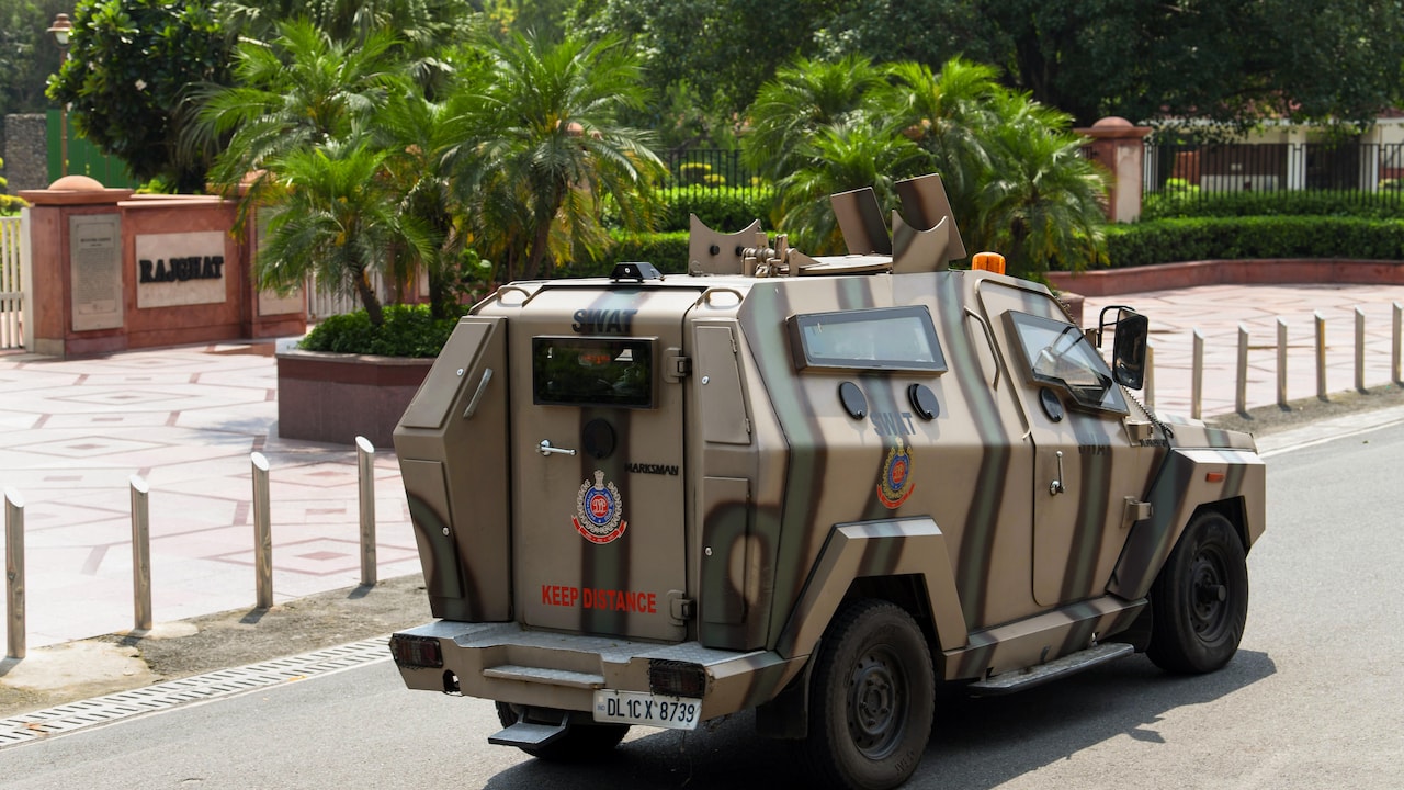 A view of a Delhi police vehicle during a security mock drill conducted at Rajghat to ensure foolproof security ahead of the BRICS Summit. A view of a Delhi police vehicle during a security mock drill conducted at Rajghat to ensure foolproof security ahead of the BRICS Summit.