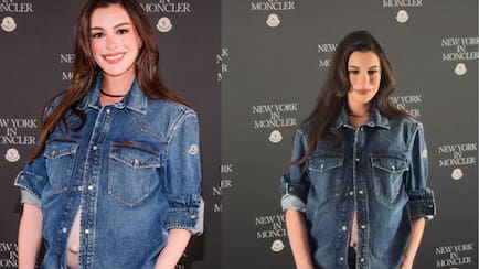 Anne Hathaway Masters Denim-On-Denim Maternity Style At New York Fashion Week