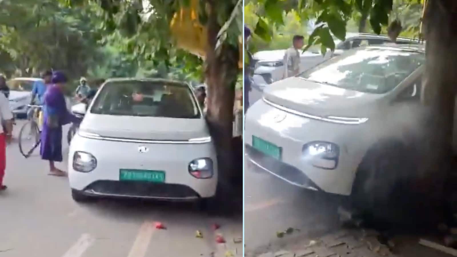 MG Windsor EV Moves Uncontrolled in Ludhiana, Crashes into Cart and Tree
